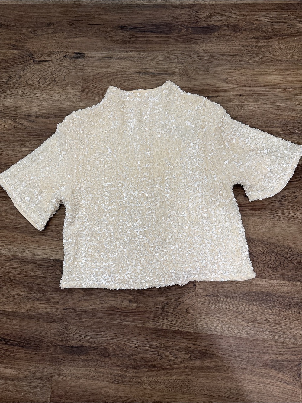 H&M Cream Sequence Mock Neck Short-Sleeve Top